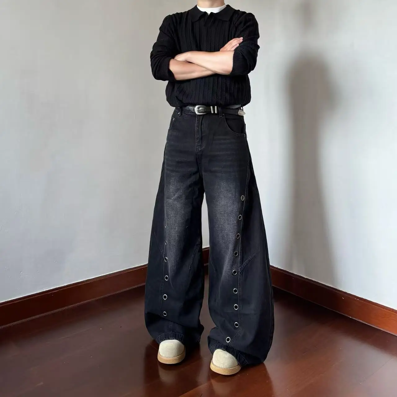 Men's Metal Buckle Design Retro Jeans Casual Pants Unisex Street Cool Boy Bottoms Male High Waisted Straight Wide Leg Trousers