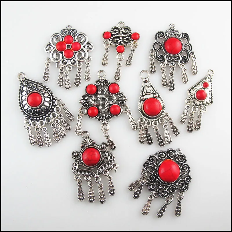 Fashion New Red Turquoise Stone Charms Flower Teardrop Crown Shield Tibetan Silver Plated Tassels Pendants Retro