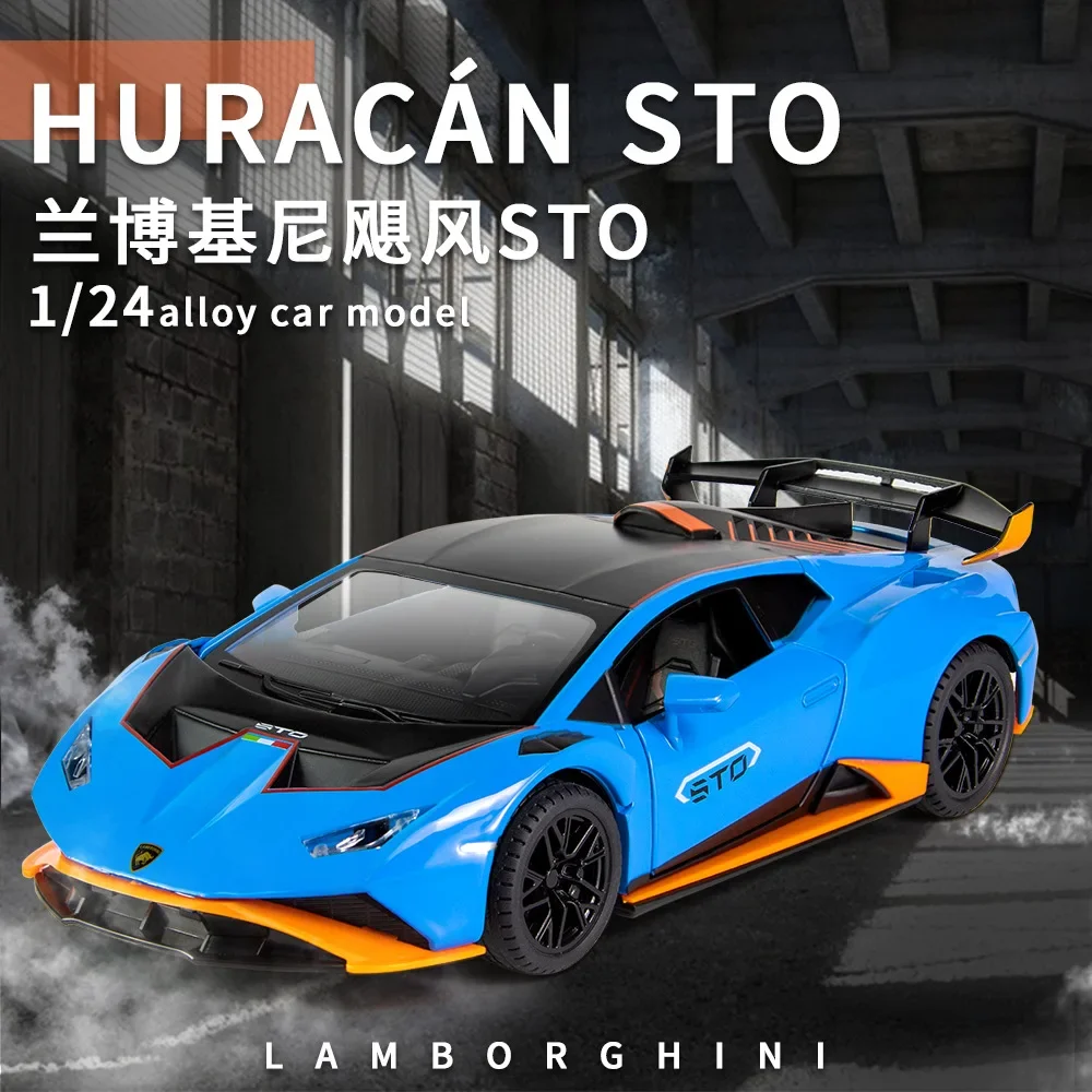 Voiture de sport Lamborghini Motoracan STO 1:24, modèle en alliage métallique moulé sous pression, son, lumière, nervure arrière, collection de jouets pour enfants, cadeau, F443