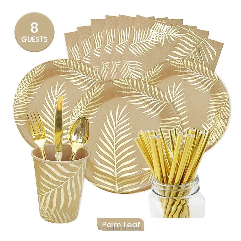 

64pcs 8 People Hawaiian Theme Birthday Party Supplies Gold Foil Tropical Palm Leaves Plates Disposable Tableware Baby Shower
