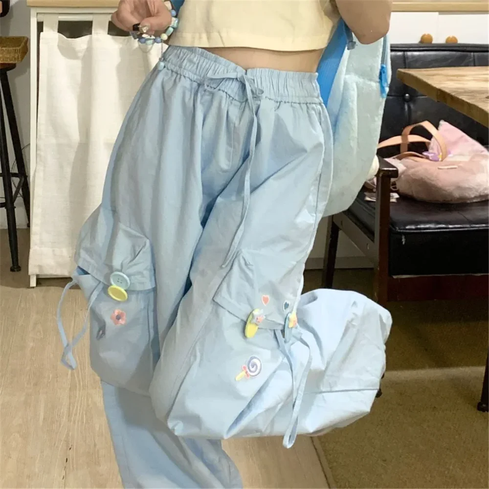 Blue Sweet Embroidered Casual Trousers Women Japanese Versatile Trend Summer High Waist Loose Multi Pocket Wide Leg Cargo Pants