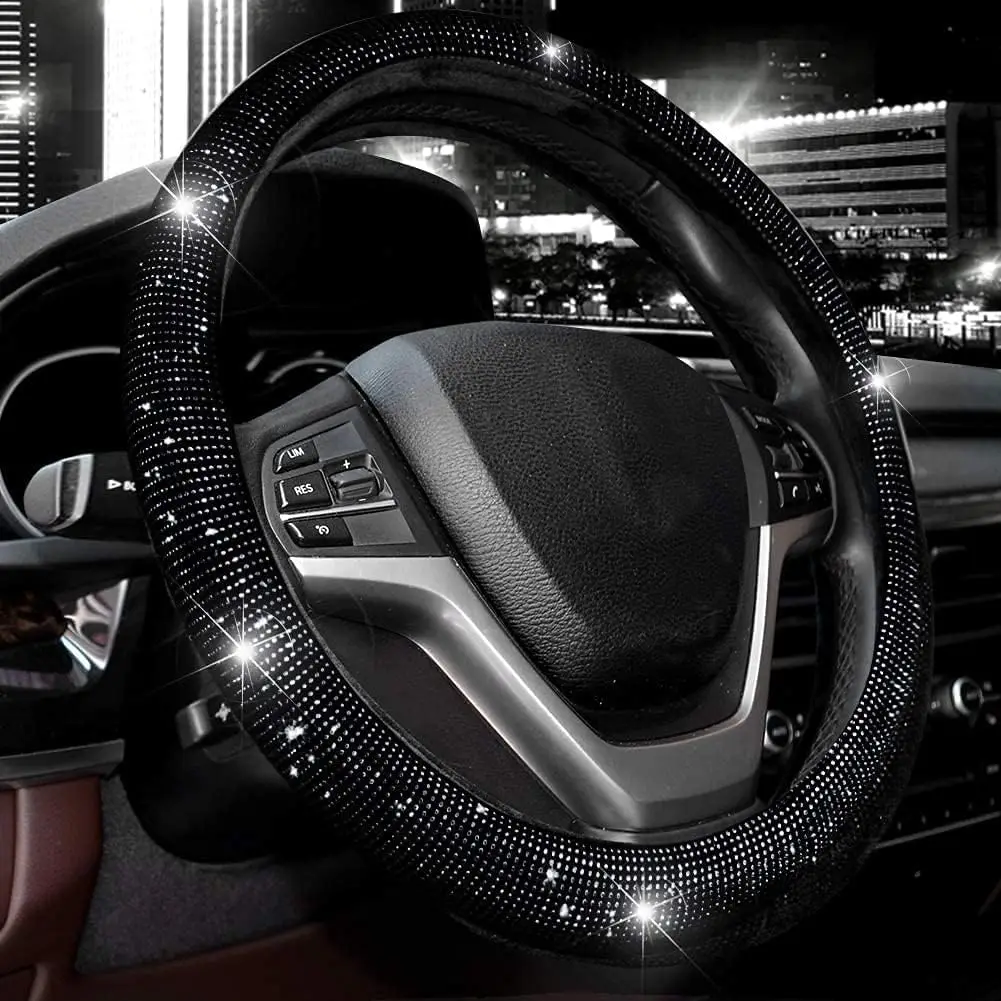 

Sparkling Crystal Steering Wheel Cover for Cars and SUVs, Universal Fit 15 Inch, Black with Diamonds