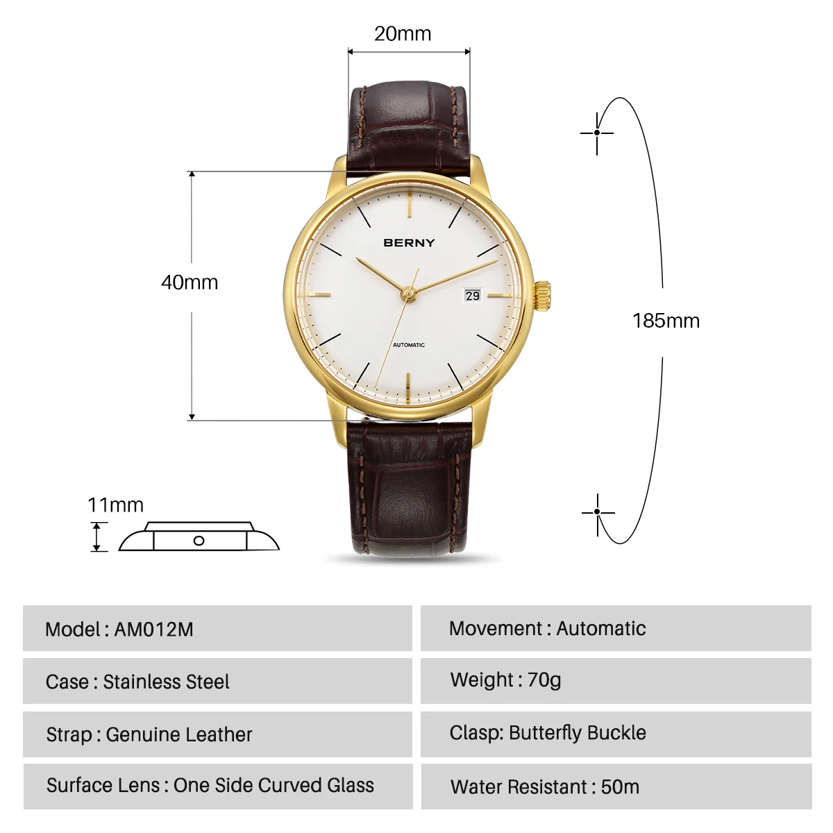 BERNY Mechnical Men Watch MIYOTA 9015 Simple Versatile Men Wristwatch Calendar Luminous Business Luxury Automatic Watch for Men