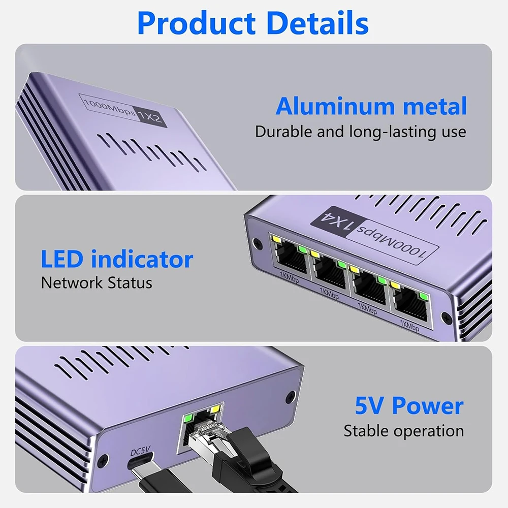 1000Mbps Ethernet Splitter Network Adapter RJ45 1X2 1X3 1X4 LAN Extender for PC Computer Router Switch Works At The Same Time