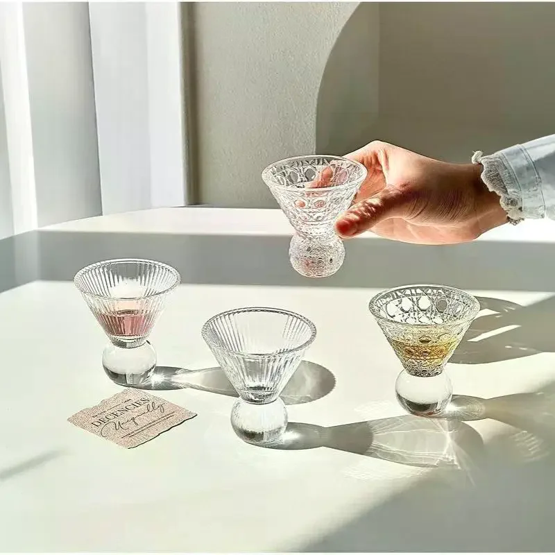 Retro Gem Pattern High Stem Glass Cup Nordic Pure Color Universal Drinkware For Ice Coffee Juice Bubble Water