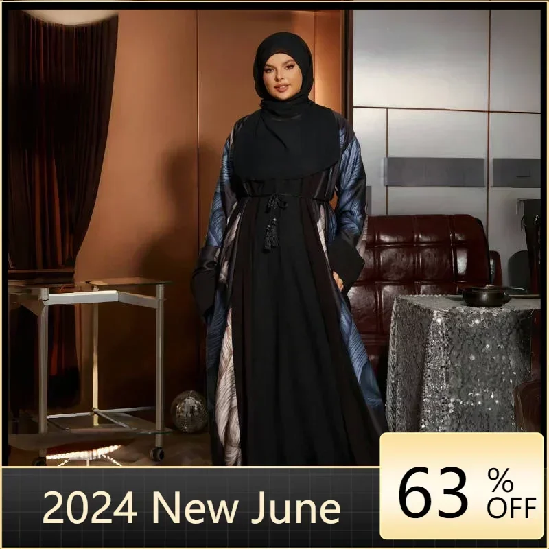 

Women Elegant Middle East Long Sleeve Casual Dresses With Hijab Muslim Printed Open Front Abaya And Inner 2pcs Sets Modest Robes