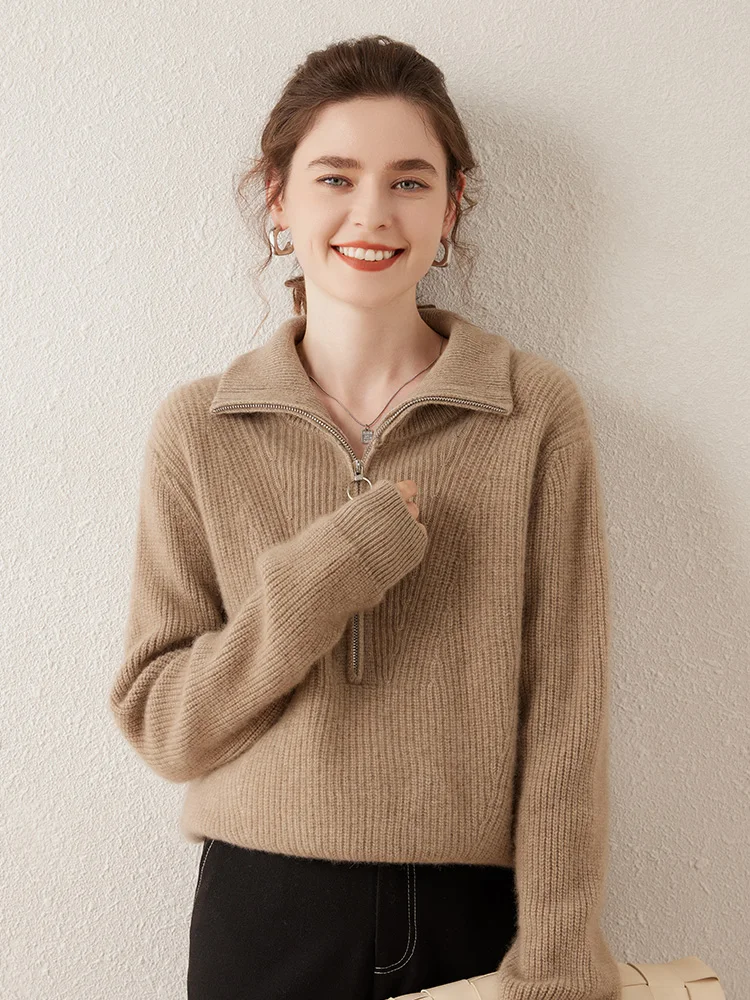 

Elegant Women's Thick Polo Collar Zippered Pullover 100% Cashmere Sweater Soft Warm Autumn Winter Casual Loose Clothing Tops