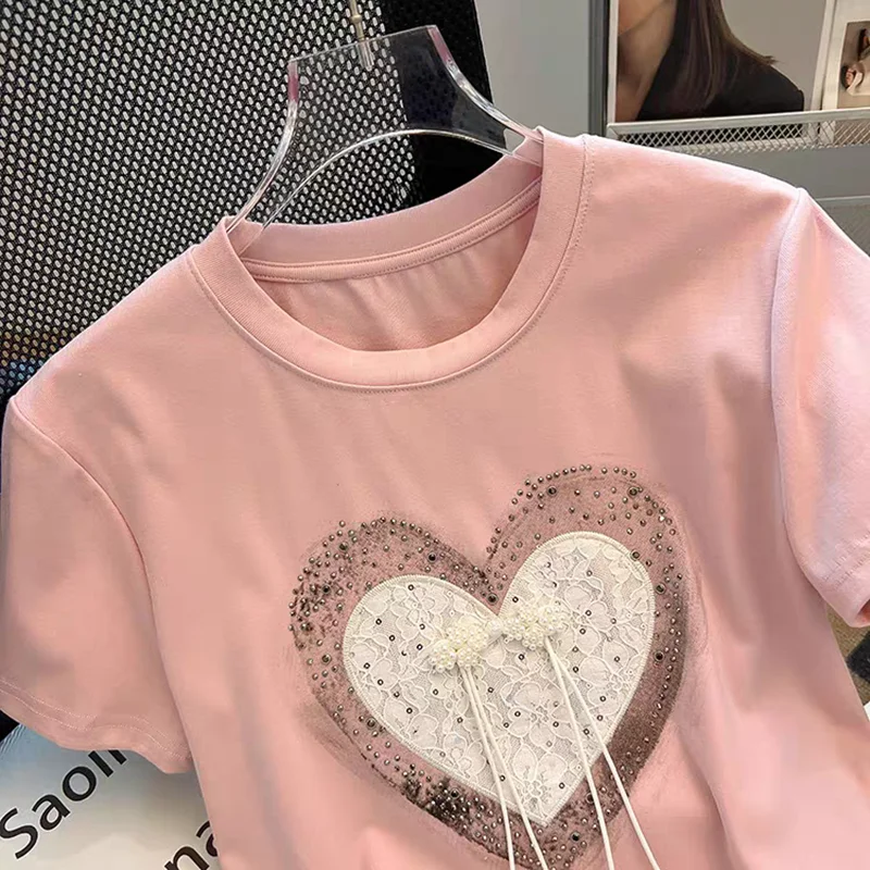 2024 New Summer women\'s Shiny Hot Diamonds t-shirt Sweet Girl Bow perline top in cotone per ragazza maniche corte t-shirt larghe abbigliamento