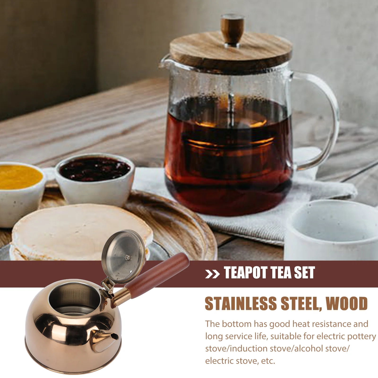 

Side Pot Teakettle Stainless Steel Wood Handle Large Capacity Electric Stove Coffee Tea Kettle Home Kitchen Supply Practical