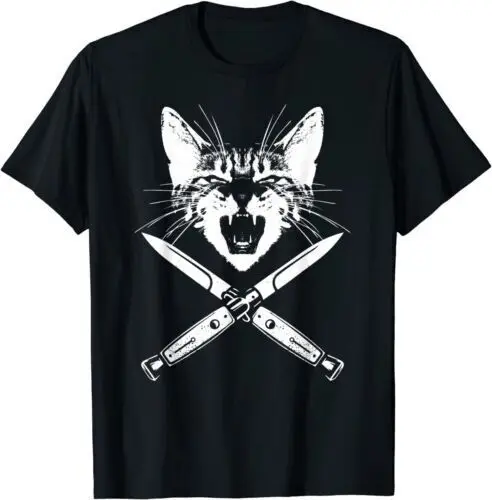 NEW LIMITED Hissing Cat With Crossed Switchblades Knives Kitten T-Shirt