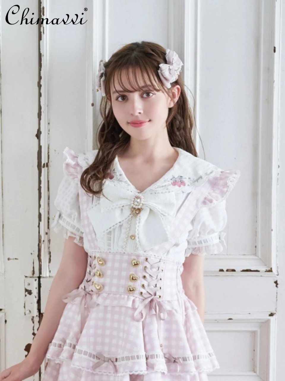 Japanische Liz Mine Erdbeere bestickt Seemann Kragen Hemd Sommer neue Mädchen Lolita süße süße Bowknot Bluse Frauen Tops