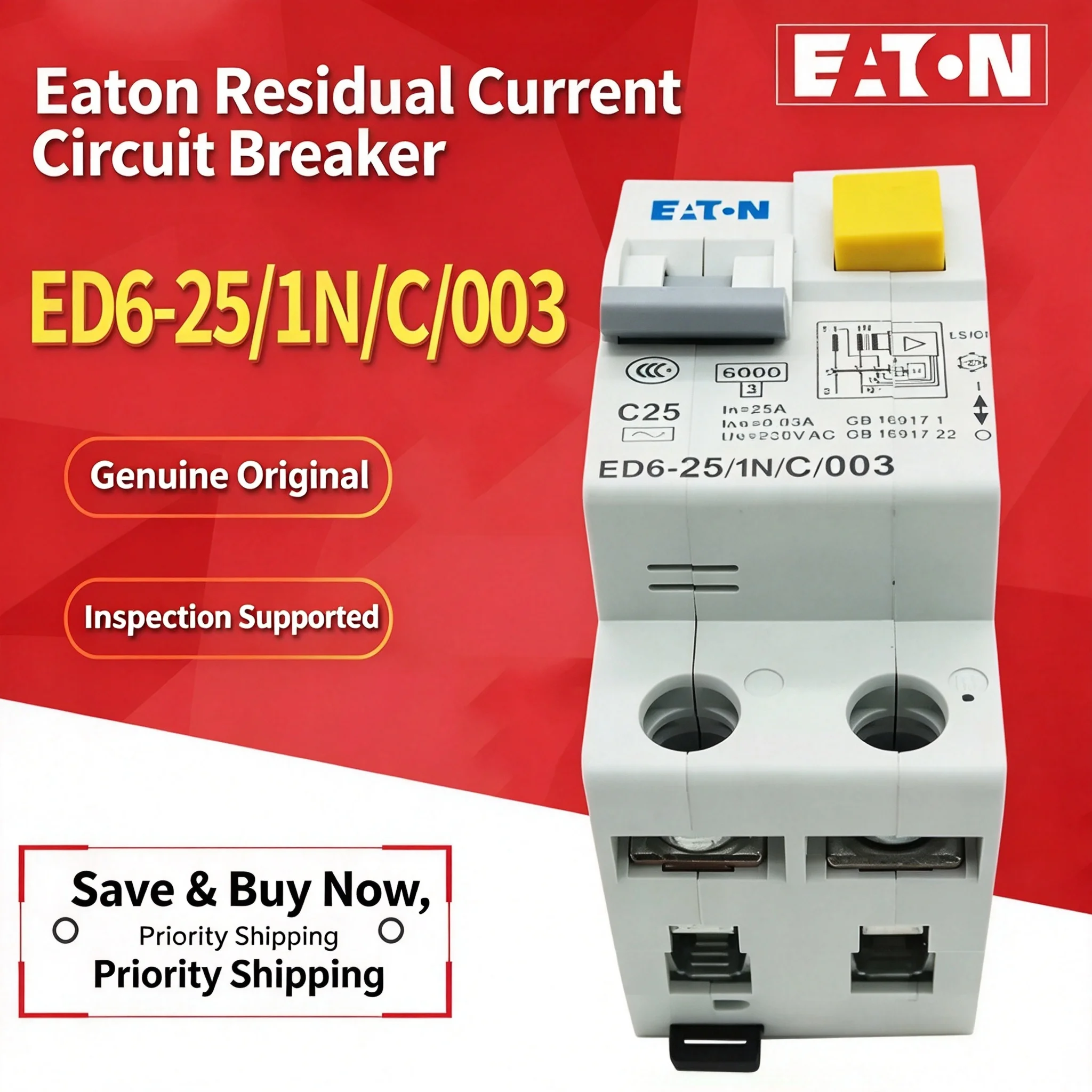 Eaton ED6 Residual Current Circuit Breaker Overload Protection 6-40A 1N/C 003 Electrical Safety Device for Home And Office