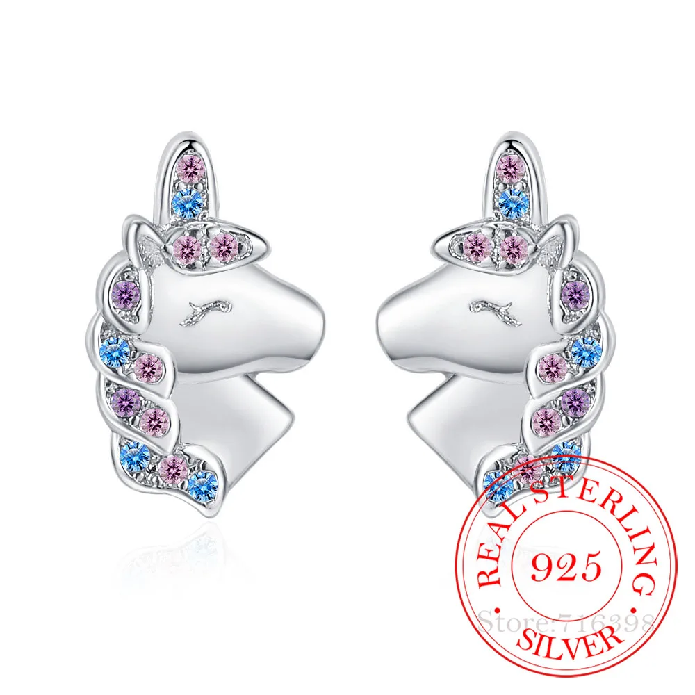 925 Sterling Silver Cute Unicorn Rainbow Stud Earrings For Women Girls Studants Friends Party Jewelry Gift Female Pendientes