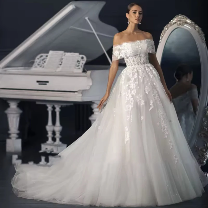 

Luxury Wedding Dresses Off The Shoulder Sleeveless A-Line Arabic Bride Dress with Appliques Beading Tulle Bridal Gown Customized