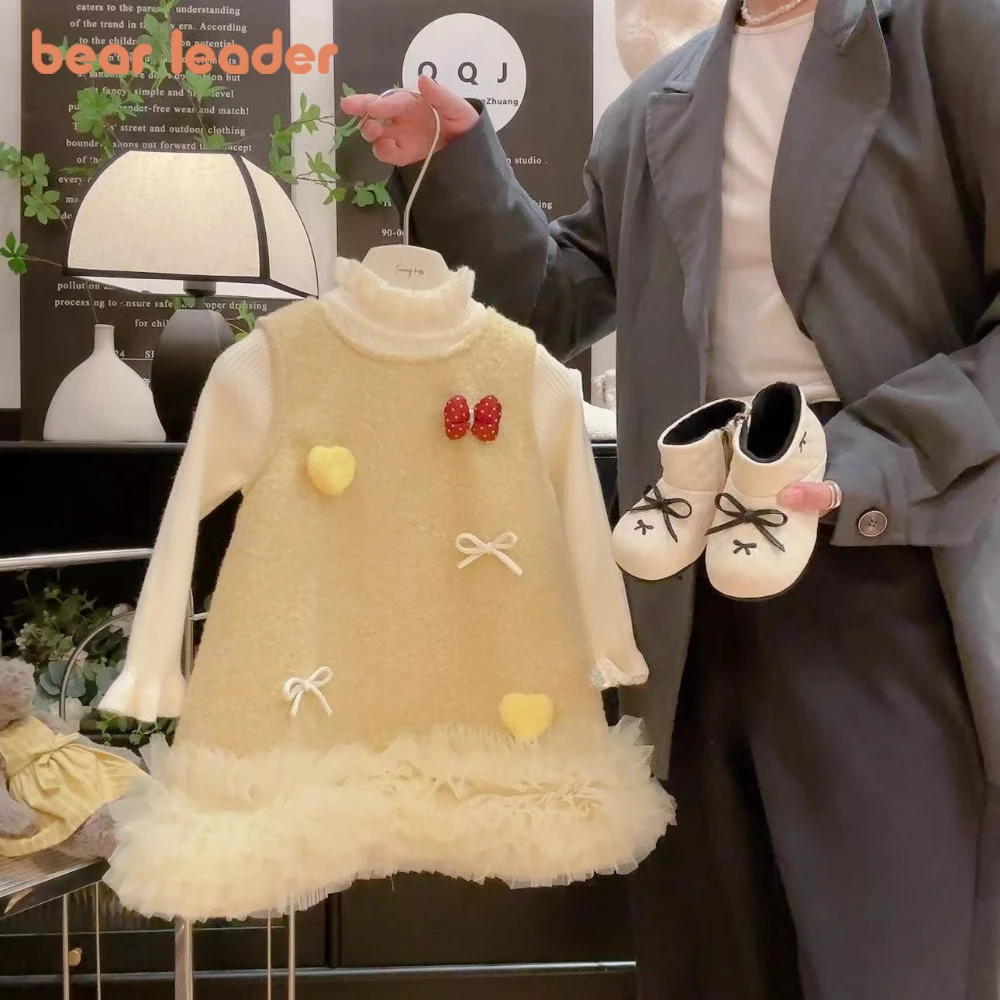 

Bear Leader Yellow Girls Clothes Autumn Winter New Bow Love Vest Dress+Beige Long Sleeved Knitted Top Sweet Cute Children's Wear