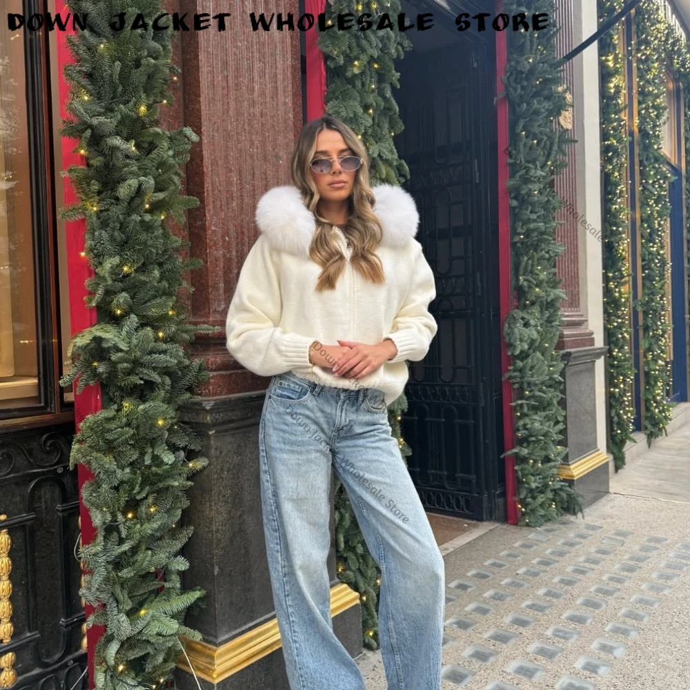 Fur Trim Sweater Soft Warm Winter Knit Cardigan, Comfortable Knitwear with Natural Fur for Travel Daily Wear Seasonal Looks