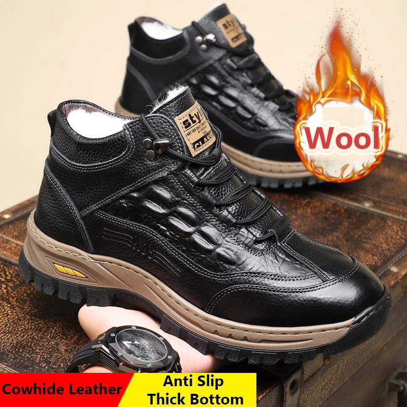 

Winter New Cotton Shoes Plus Fleece Thick Casual Sports Shoes Men's Black High Top Suede Leather Shoes Fashion Warm Snow Boots