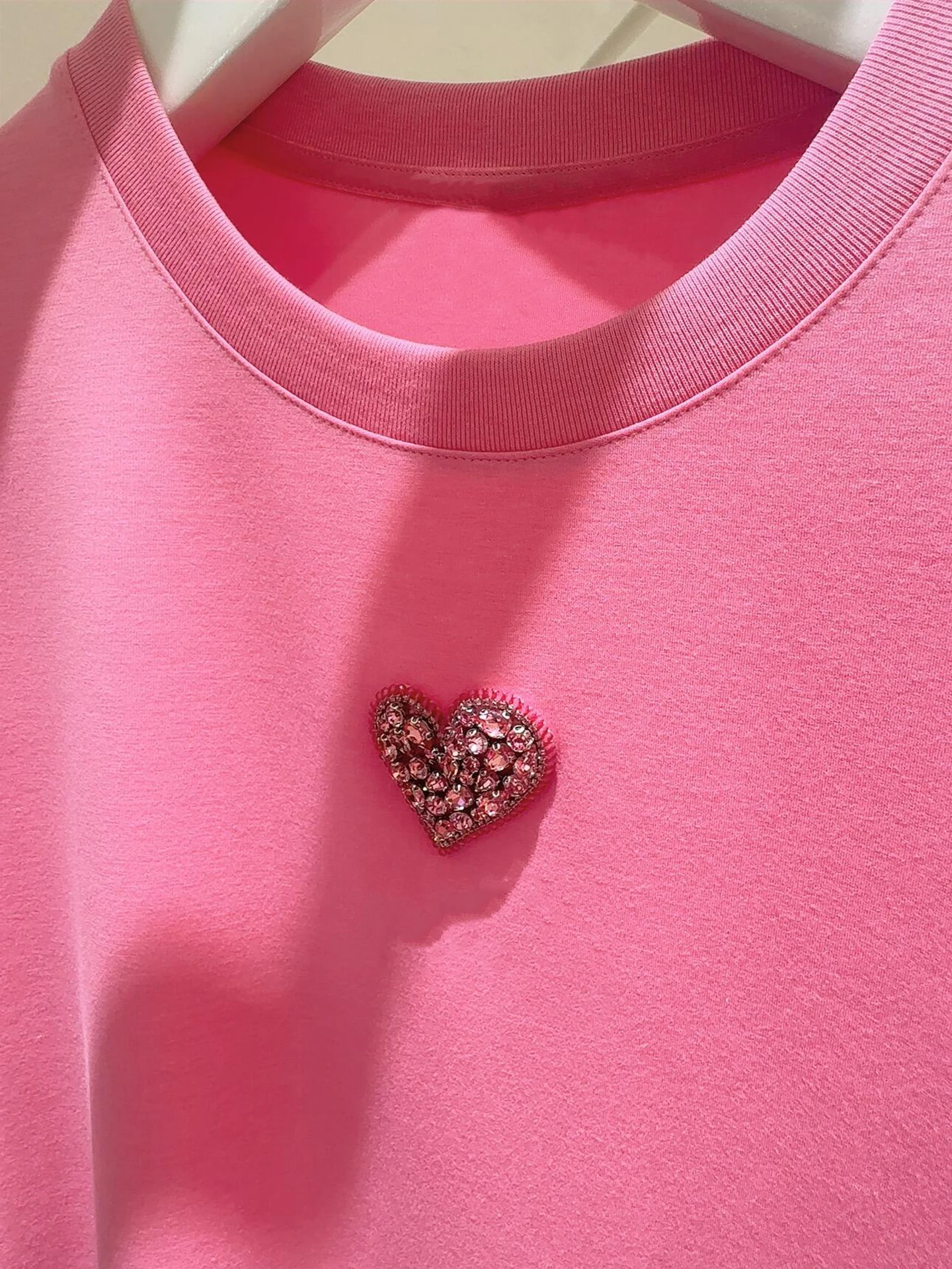 Sweet And Gentle Love Heart Rhinestone Pure Cotton T-Shirt Women's Top South Oil High End Summer Collection Breathable Short ...