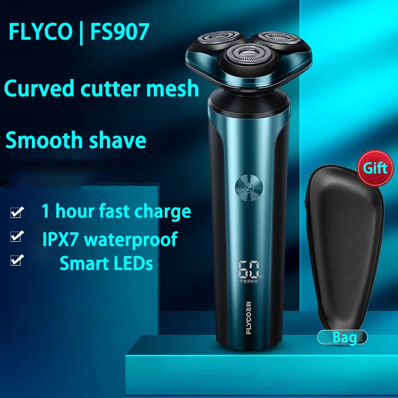 FLYCO FS907/FS905 Men's Shaver Electric Shaving IPX7 Full Body Wash Smart Rechargeable 1 Hour Fast Charge 90 Days Battery Life