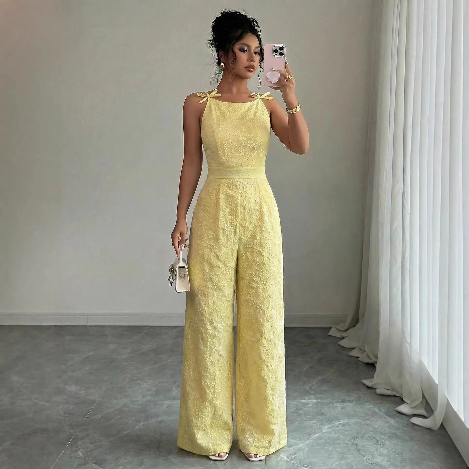 Women's New Bow Decor Spaghetti Strap Sleeveless Back Zipper Slim Waist Wide Leg Long Elegant Slimming Versatile Female Jumpsuit