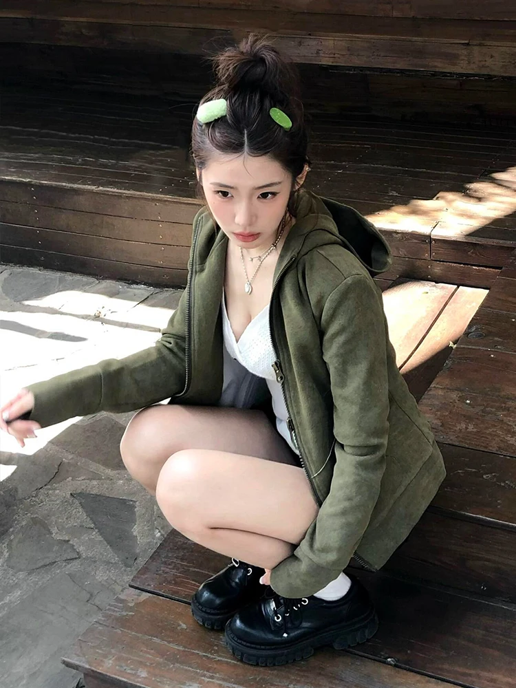 

Американский стильный кардиган-худи для женщин, осенне-зимний, в стиле милитари, винтажный, на молнии, приталенный топ, уличный стиль