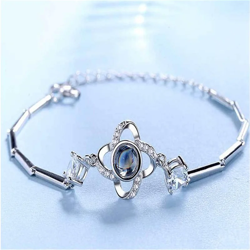 Luck Clover Deer Flower Bracelet Jewelry Charming Crystal Love Declaration Projection Bangle Silver 925 Female Hand Accessories