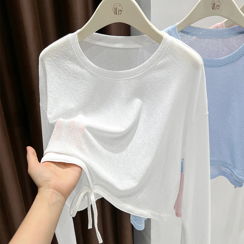 Pink Short Lightweight Sunscreen T-shirt Women New O-neck Loose Knitted Long Sleeve Top Fashion Versatile Ice Silk Pullover