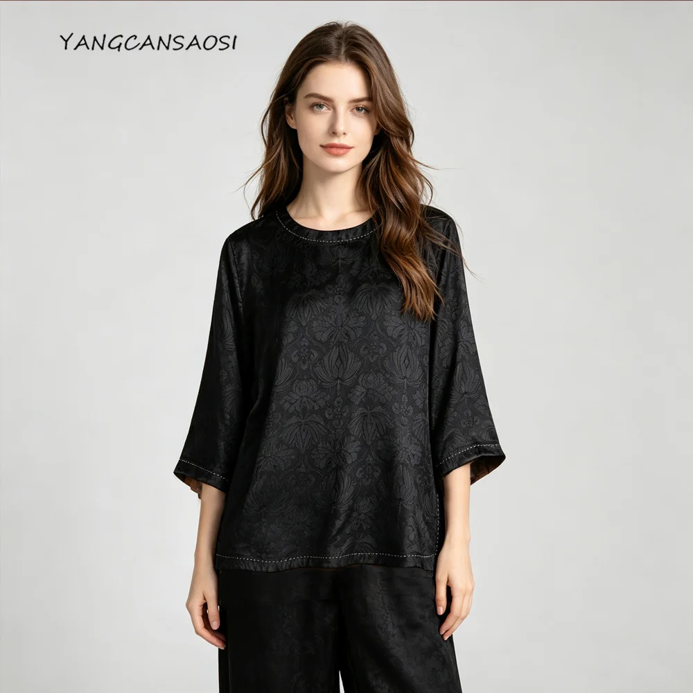 Women's Fashion Summer New 100% Natural Mulberry Silk Gambiered Guangdong Gauze Black Round Neck Three-quarter Sleeve T-shirt