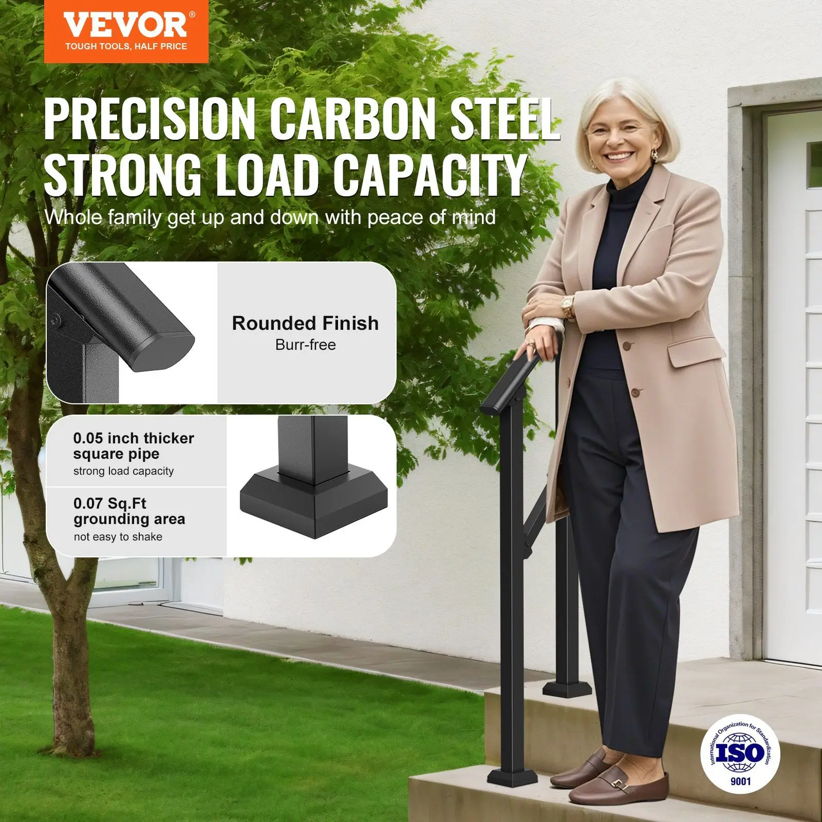 1-2 Handrails for Outdoor for Seniors Porch Deck Black Square Tube Steel