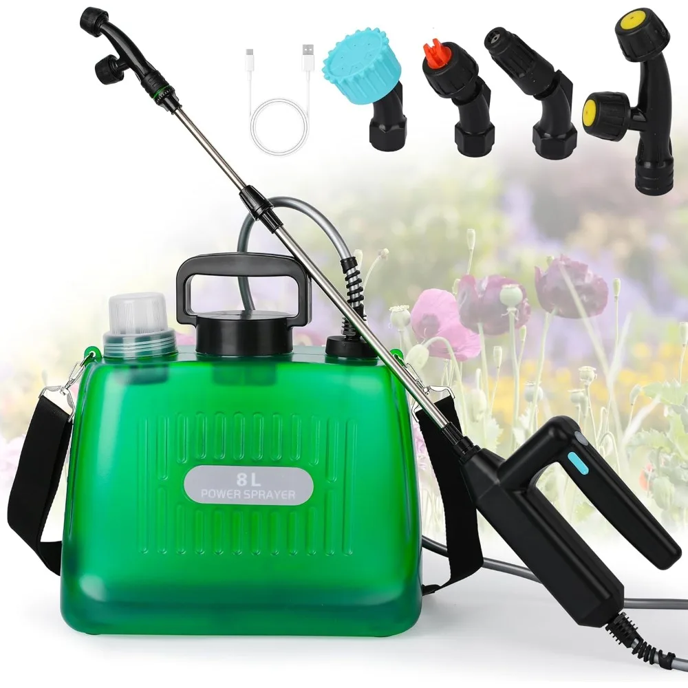 

Battery Powered Sprayer 2 Gallon, Electric Sprayer with 4 Mist Nozzles, USB Rechargeable Handle, 32in telescopic Wand