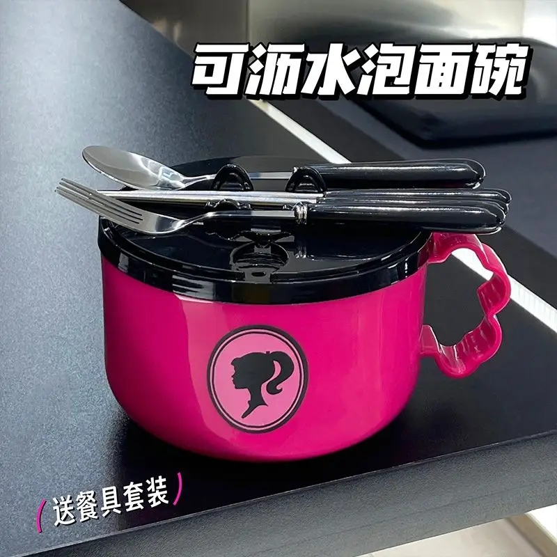 Barbie Instant Noodle Bowl Large Capacity with Lid Student Anti-Fall New Kawaii Exquisite Lunch Box Dormitory Convenient Home