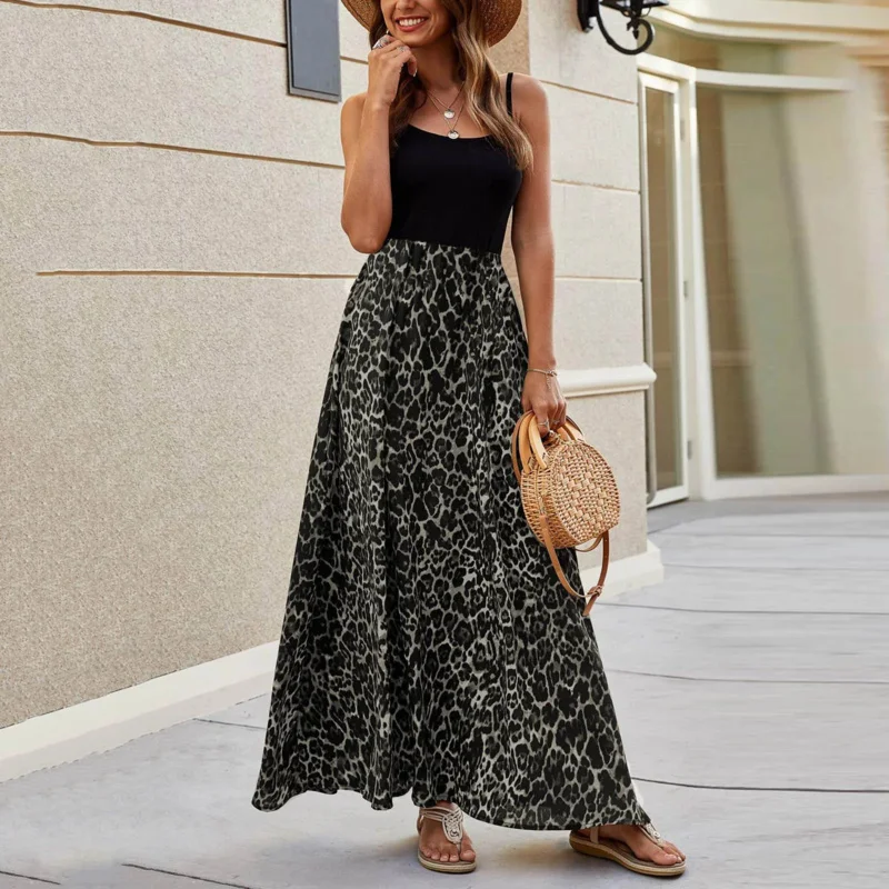 فستان نسائي طويل بطبعة الفهد فستان صيفي للشاطئ مطوي ومرن عالي الخصر فساتين طويلة للنساء كاجوال