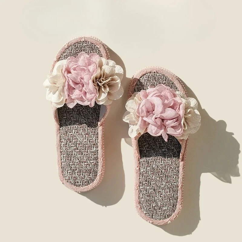 Summer Chiffon Flower Elegant Sweet Asian Grass Women's Slippers Indoor Non-Slip Thick-Sole Home Shoes Suitable for Outdoor Wear
