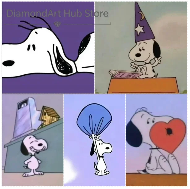 5D DIY Diamond Painting Cute Snoopy Peanuts Cartoon Art, Wizard Hat Snoopy Reading, Big Heart, Blue Umbrella, Classic Retro