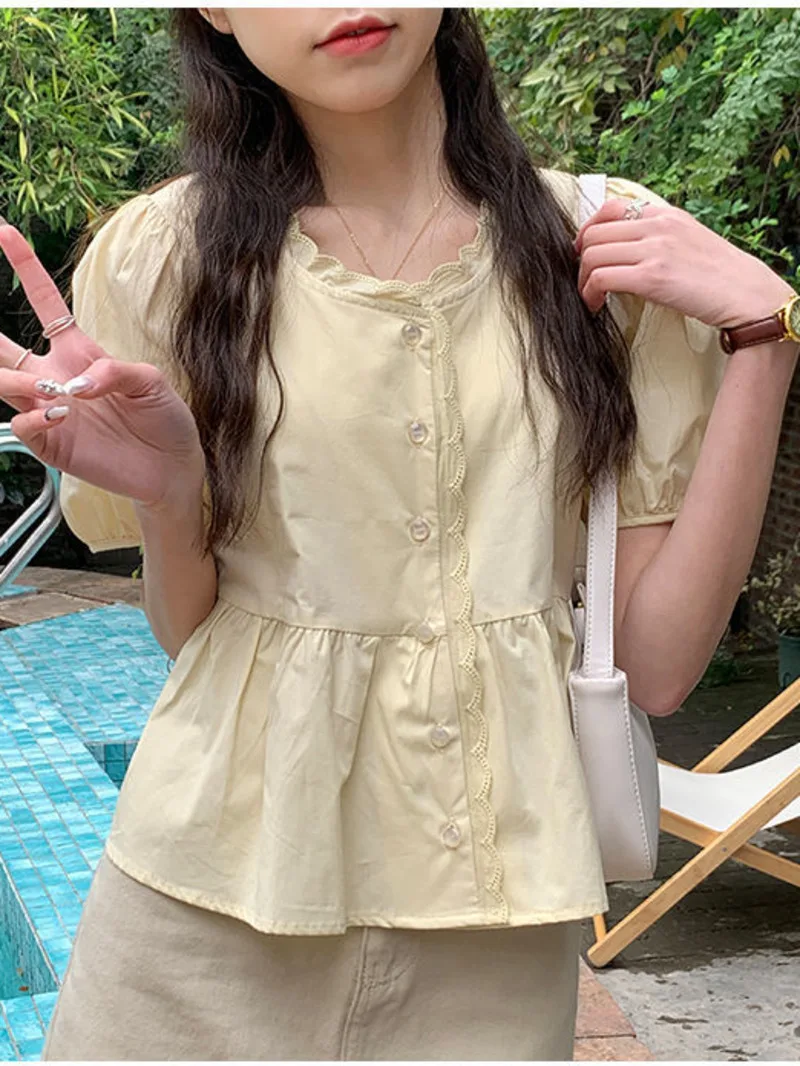 

Shirts Women Elegant Sweet Preppy Style Cute Summer Tops Short Puff Sleeve New Stylish Korean Camisas Mujer Vintage Pure MLZ8