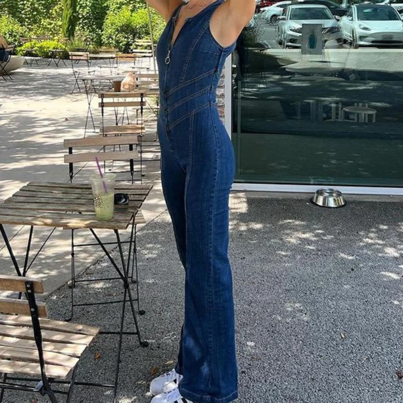 

Европейская и американская женская одежда, летний утягивающий модный комбинезон без рукавов с открытой спиной и высокой талией, слегка расклешенный джинсовый комбинезон