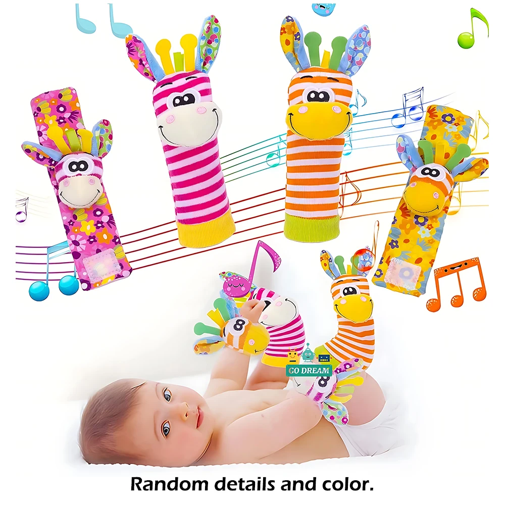 4 pçs chocalho do bebê brinquedos bonito animais de pelúcia chocalho de pulso pé localizador meias 0 ~ 24 meses para infantil menino menina presente recém-nascido