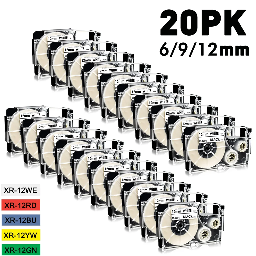 20PK Compatible for Casio XR-12WE 12mm Label Tape XR12WE Black on White Printer Ribbon Replace for Casio KL-60 KL120 Label Maker