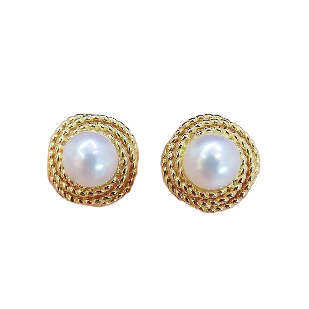 DSHIJOJ 7-7.5mm Freshwater Pearl 18K Yellow Gold Women Earrings Multi-layers Braided Stud Earrings