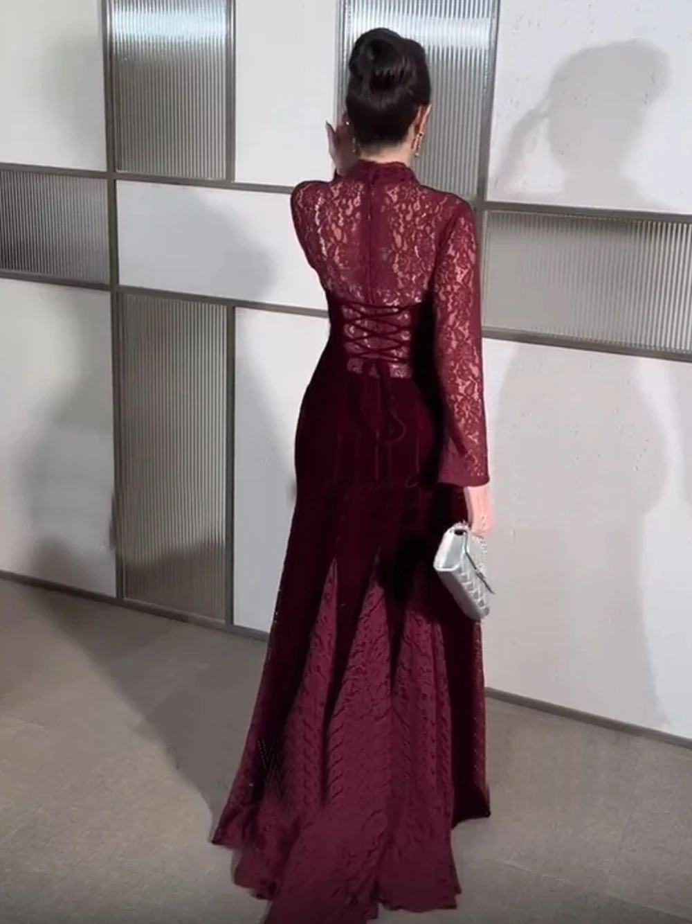 Gorgeous Burgundy Velvet Mermaid Evening Gown Lace Long Sleeved High Neck With Lace-Up Back and Train Classy Party Wear