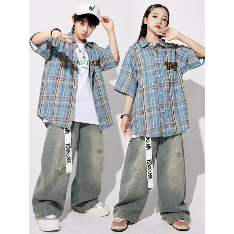 ملابس الهيب هوب اليابانية منقوشة خمر قميص ممزق الجينز الفتيات K-pop الشارع الرقص مجموعات الصبي الشارع الشهير ملابس الاطفال الجاز زي