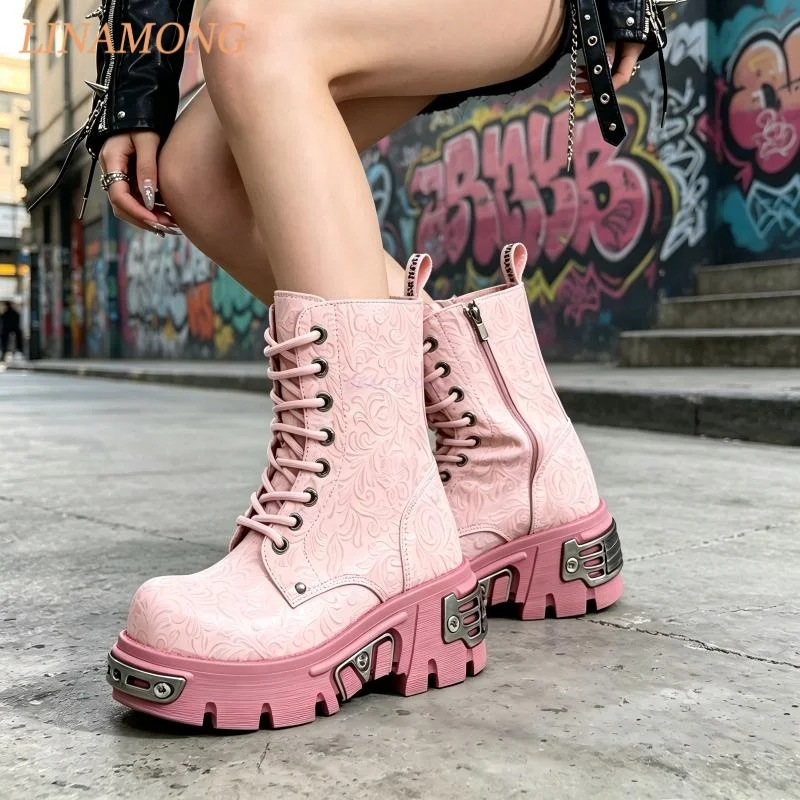 Floral Embossed Platform Boots Front Lace Up Side Zipper Round Toe Metallic Sole Accent Chunky Street Punk Daily Fashion Boots