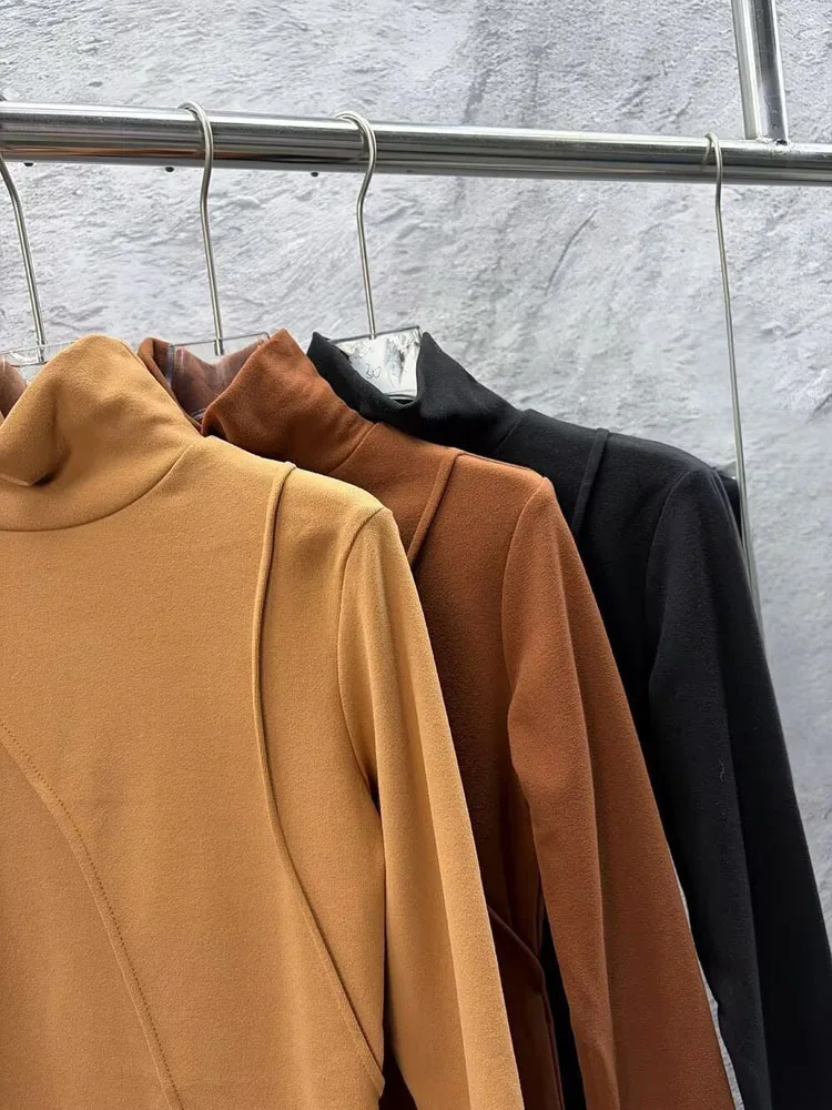 High Neck Thermal Fleece Fabric Long Sleeve Top Topstitch Detail T-shirt Women Warm Tops Autumn Winter Base Layer Slim Tops
