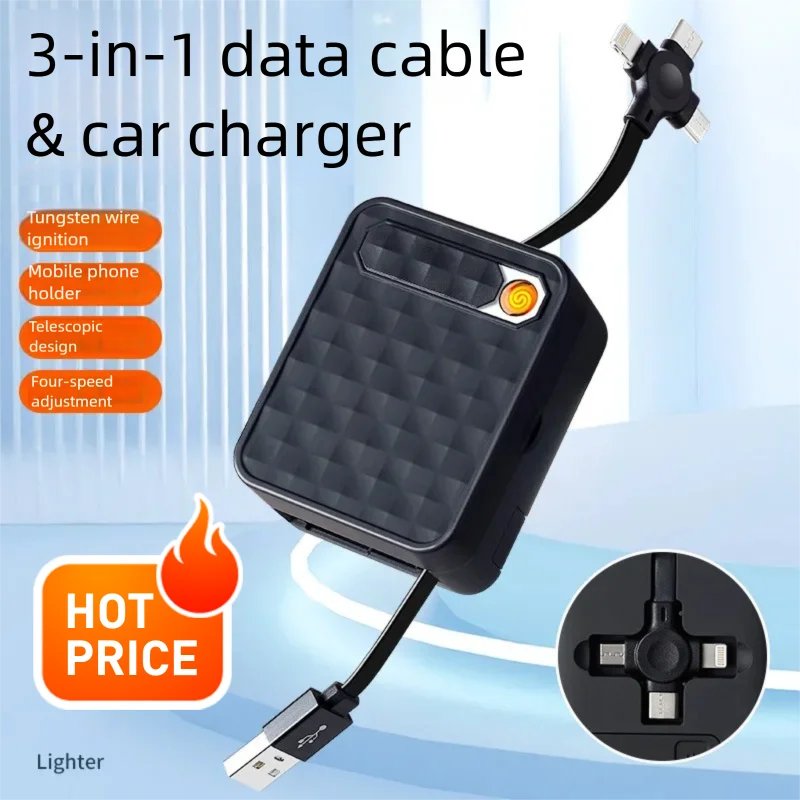 Hot selling three in one shrink phone data cable with charging electronic lighter and cigarette lighter integrated