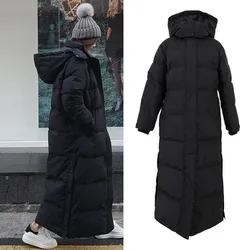 Parka súper larga para mujer, chaqueta hasta la rodilla, abrigo negro grueso, Invierno