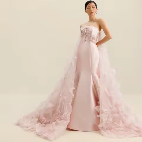 Modern Pink Satin Evening Dress Customized Elegant Mermaid Sleeveless Celebrity Gowns Exquisite Beading Organza Vestido De Noche