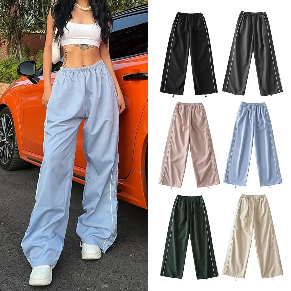 

Long Trousers Elastic High Waist Wide Leg Pants with Side Drawstrings for Women Solid Color Trousers Streetwear Fashion Elastic