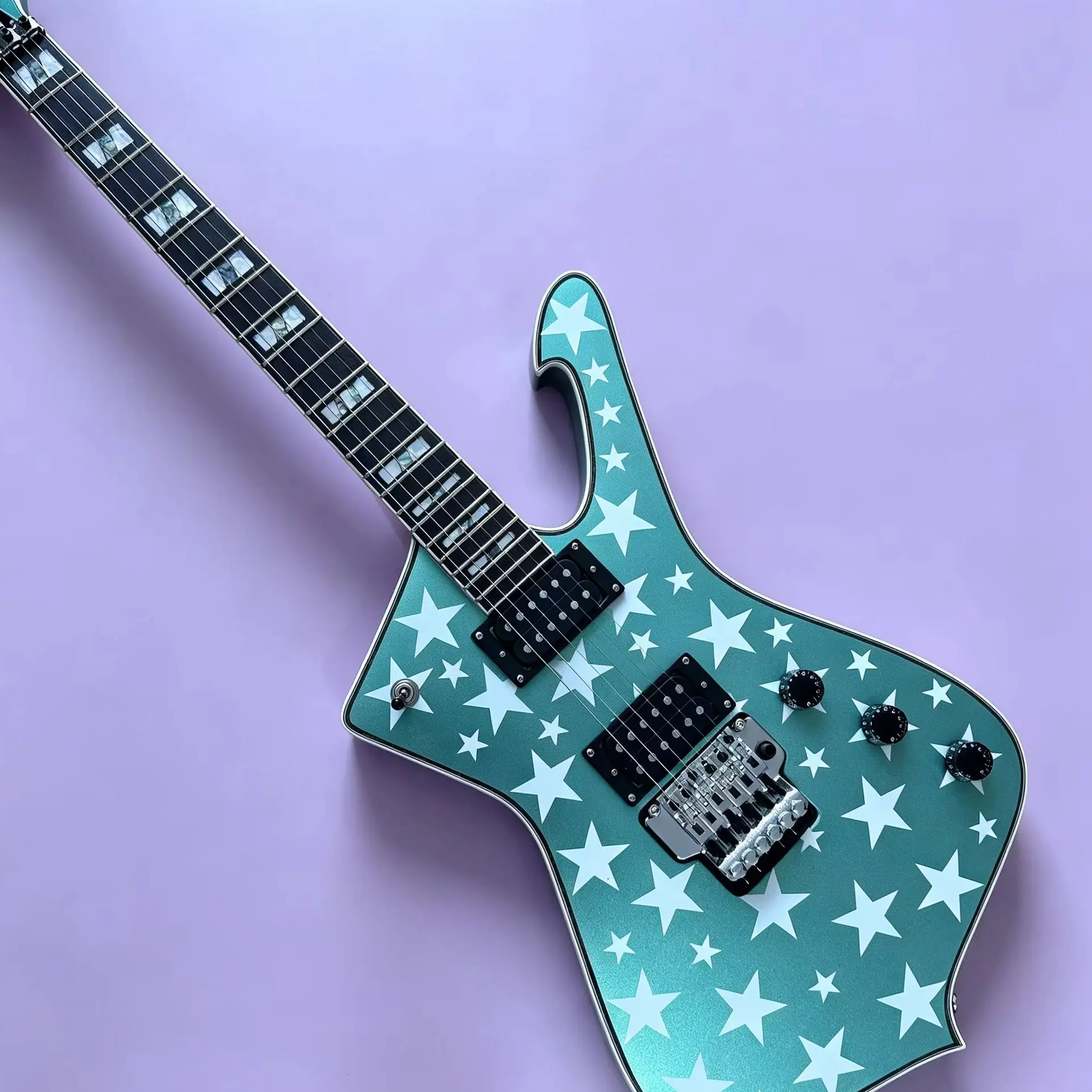 

US warehouse Electric Guitar Metallic Teal With White Stars Double Lock Tremolo Dual Humbucker Pickups Free Shipping