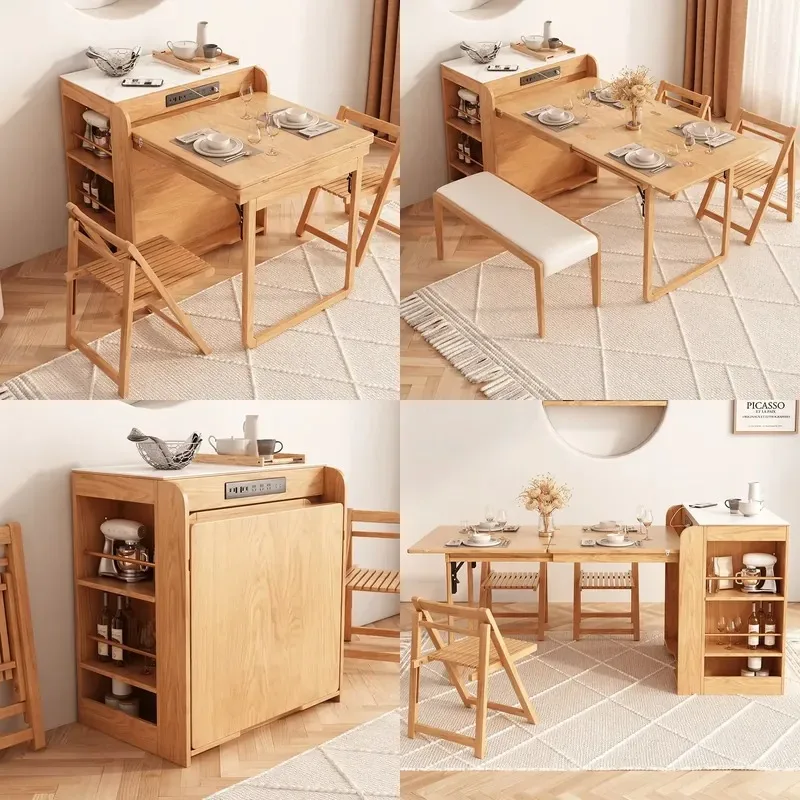 for Household Kitchen Solid Wood Dining Table Set Slate Island Retractable Luxury Modern Folding Combination