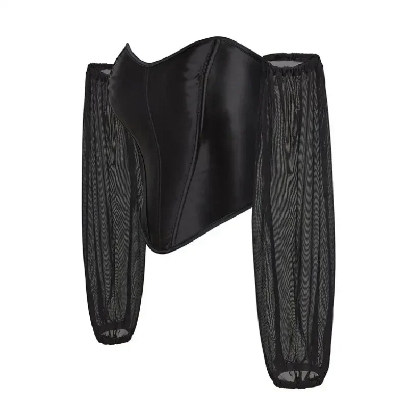 

Черный сексуальный корсет с бретелями и рукавами в готическом стиле для женщин, кружевной корсет-жилет в стиле бурлеск